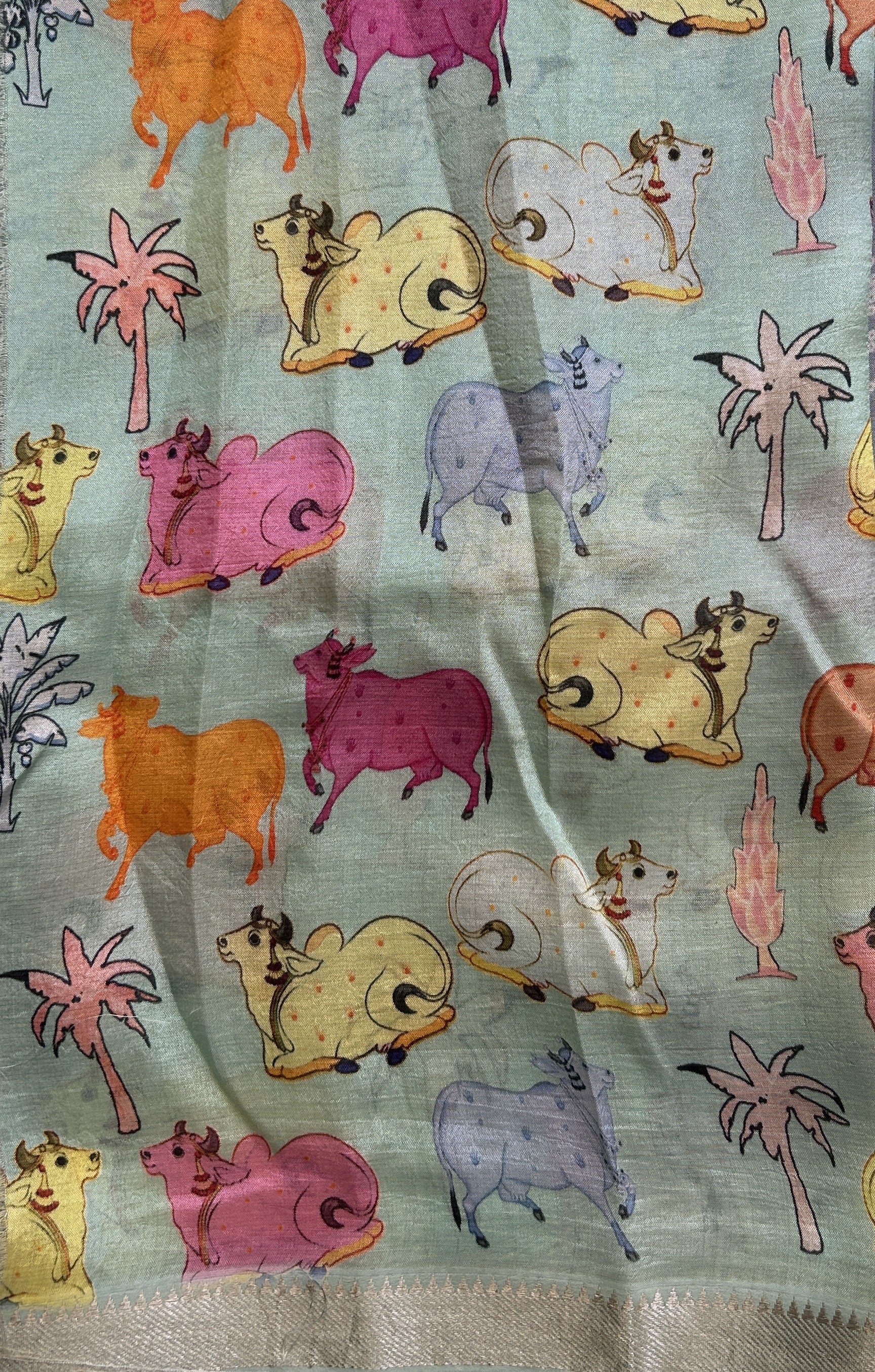 Mangalagiri Pattu Digital Print Saree Gray colored complemented with a Sea Green Colored Zari Border - Sampradaya Designer Studio