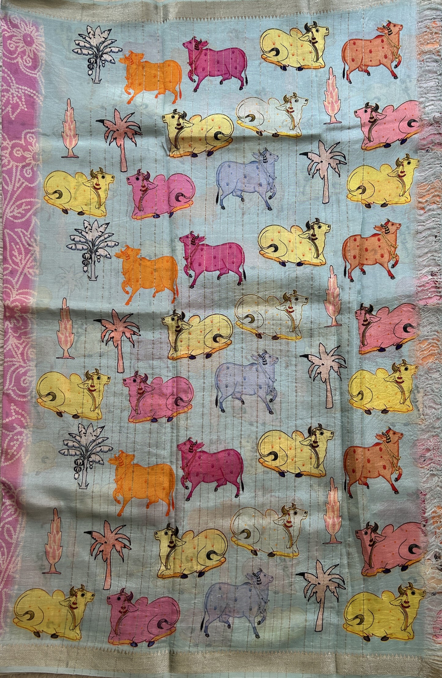 Mangalagiri Pattu Digital Print Saree Pink colored complemented with a Sky Blue with Zari Border - Sampradaya Designer Studio