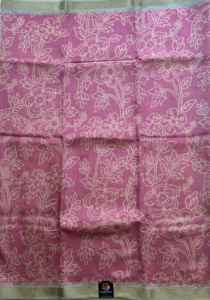 Mangalagiri Pattu Digital Print Saree Pink colored complemented with a Sky Blue with Zari Border - Sampradaya Designer Studio