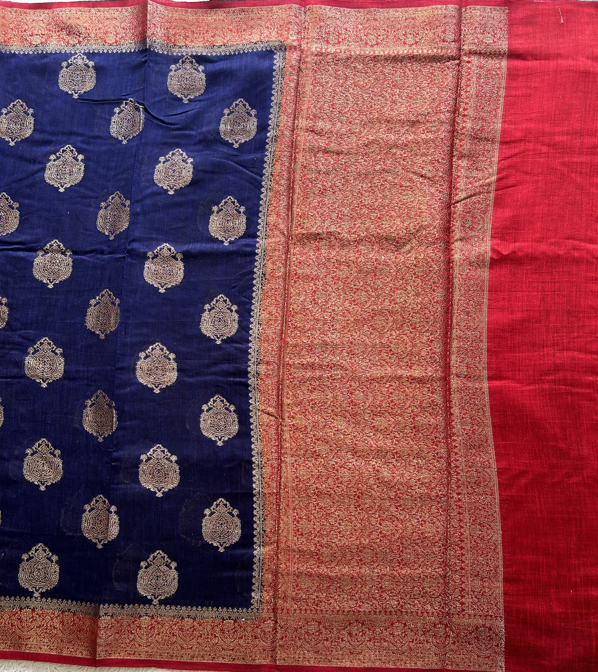 Carbon Blue Banarasi Raw Silk Saree with Gold Zari Border — Pure Handloom | Silk Mark Certified - Sampradaya Designer Studio