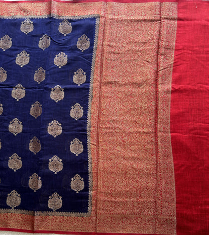 Carbon Blue Banarasi Raw Silk Saree with Gold Zari Border — Pure Handloom | Silk Mark Certified - Sampradaya Designer Studio