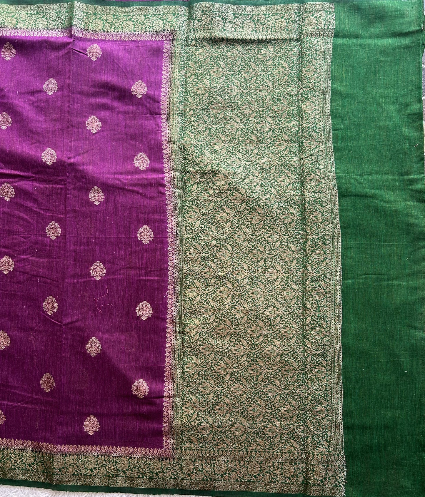 Purple Banarasi Raw Silk Saree with Gold Zari Border — Pure Handloom | Silk Mark Certified