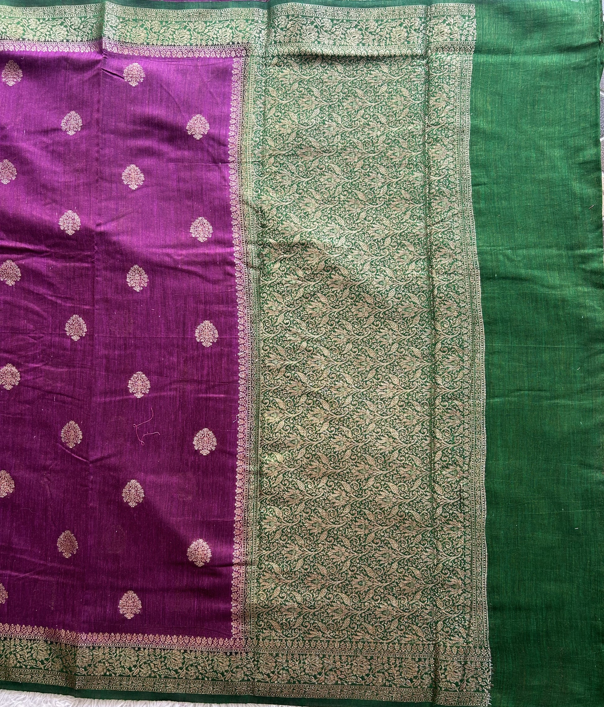 Purple Banarasi Raw Silk Saree with Gold Zari Border — Pure Handloom | Silk Mark Certified - Sampradaya Designer Studio