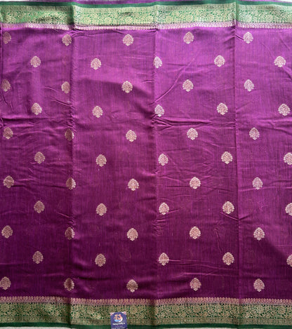Purple Banarasi Raw Silk Saree with Gold Zari Border — Pure Handloom | Silk Mark Certified