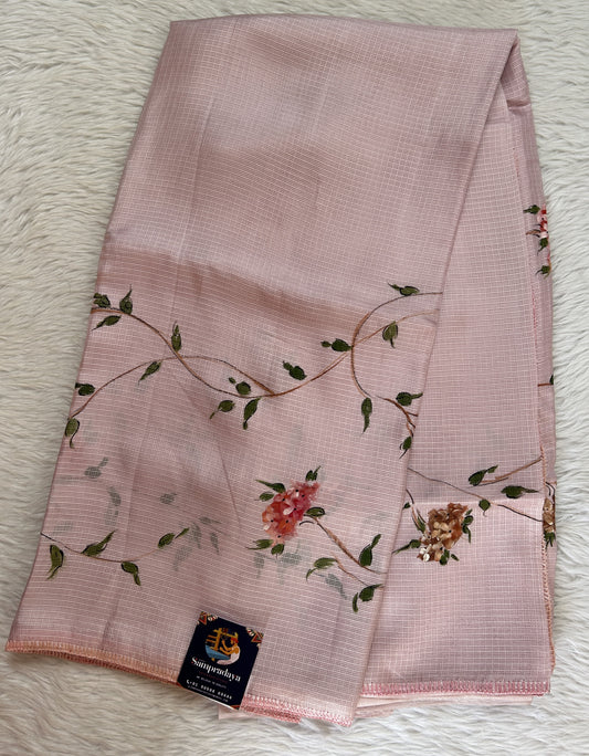 Silk kota Saree Light Pink color complemented with a Borderless Saree. - Sampradaya Designer Studio