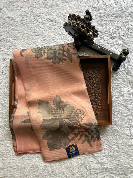 Banarasi Fancy Kota Peach Colored Borderless Saree Complemented With Digital Print. - Sampradaya Designer Studio
