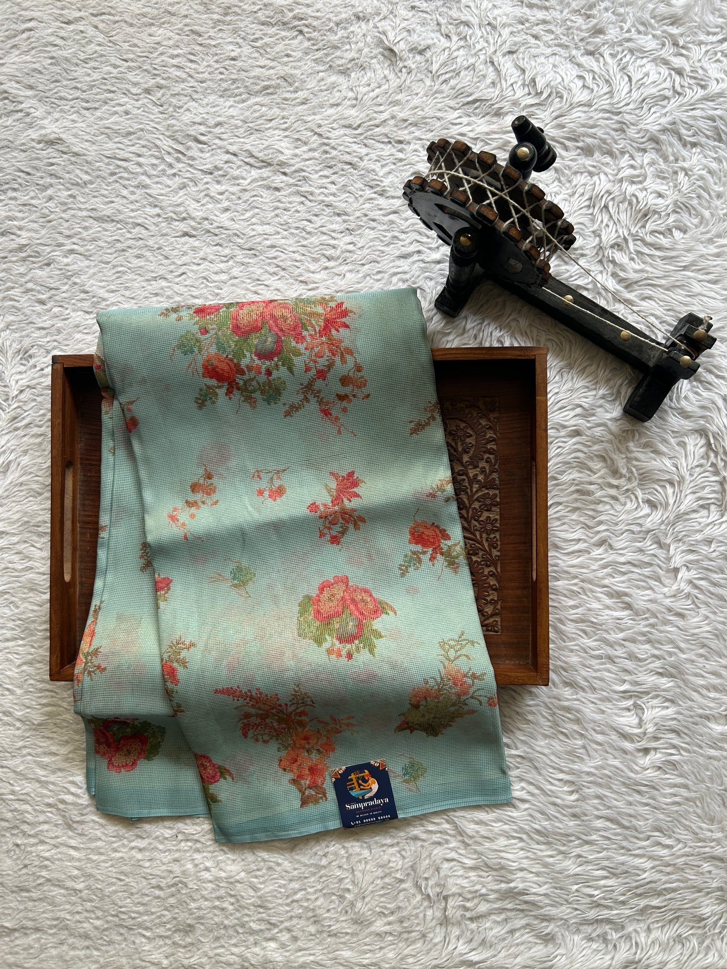 Banarasi Fancy Kota Sky Blue Colored Borderless Saree Complemented With Digital Print. - Sampradaya Designer Studio