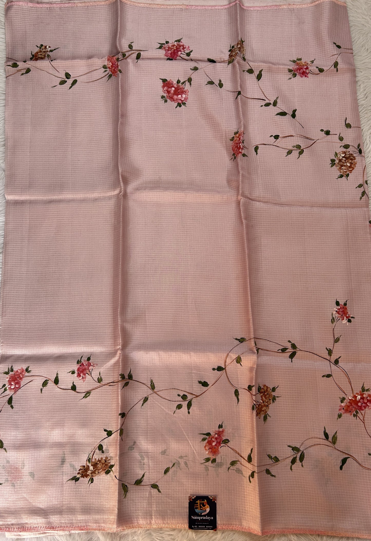 Silk kota Saree Light Pink color complemented with a Borderless Saree. - Sampradaya Designer Studio