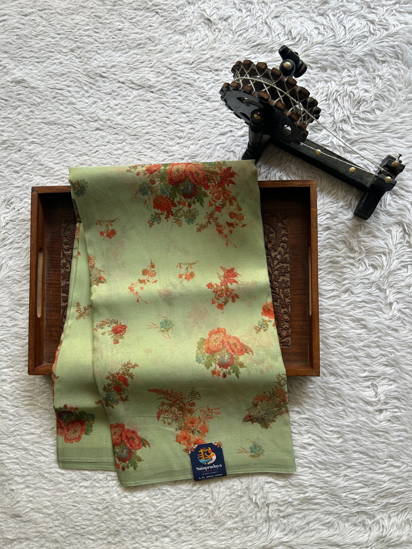 Banarasi Fancy Kota Light Green Colored Borderless Saree Complemented With Digital Print. - Sampradaya Designer Studio