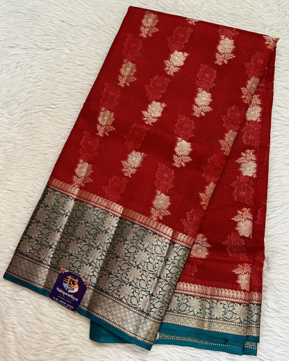 Silk kota Saree Red color complemented with a Bottle Green Color Zari Weaving Border. - Sampradaya Designer Studio