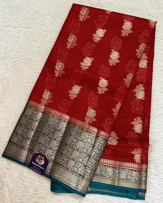 Silk kota Saree Red color complemented with a Bottle Green Color Zari Weaving Border. - Sampradaya Designer Studio