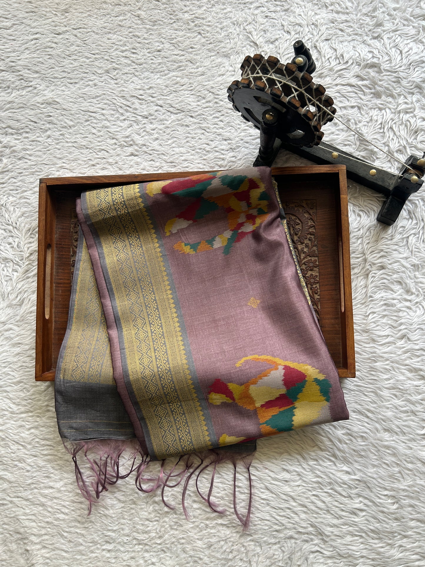 Semi Tussar Saree Light Grape Wine Colored Complemented with a Zari Border. - Sampradaya Designer Studio