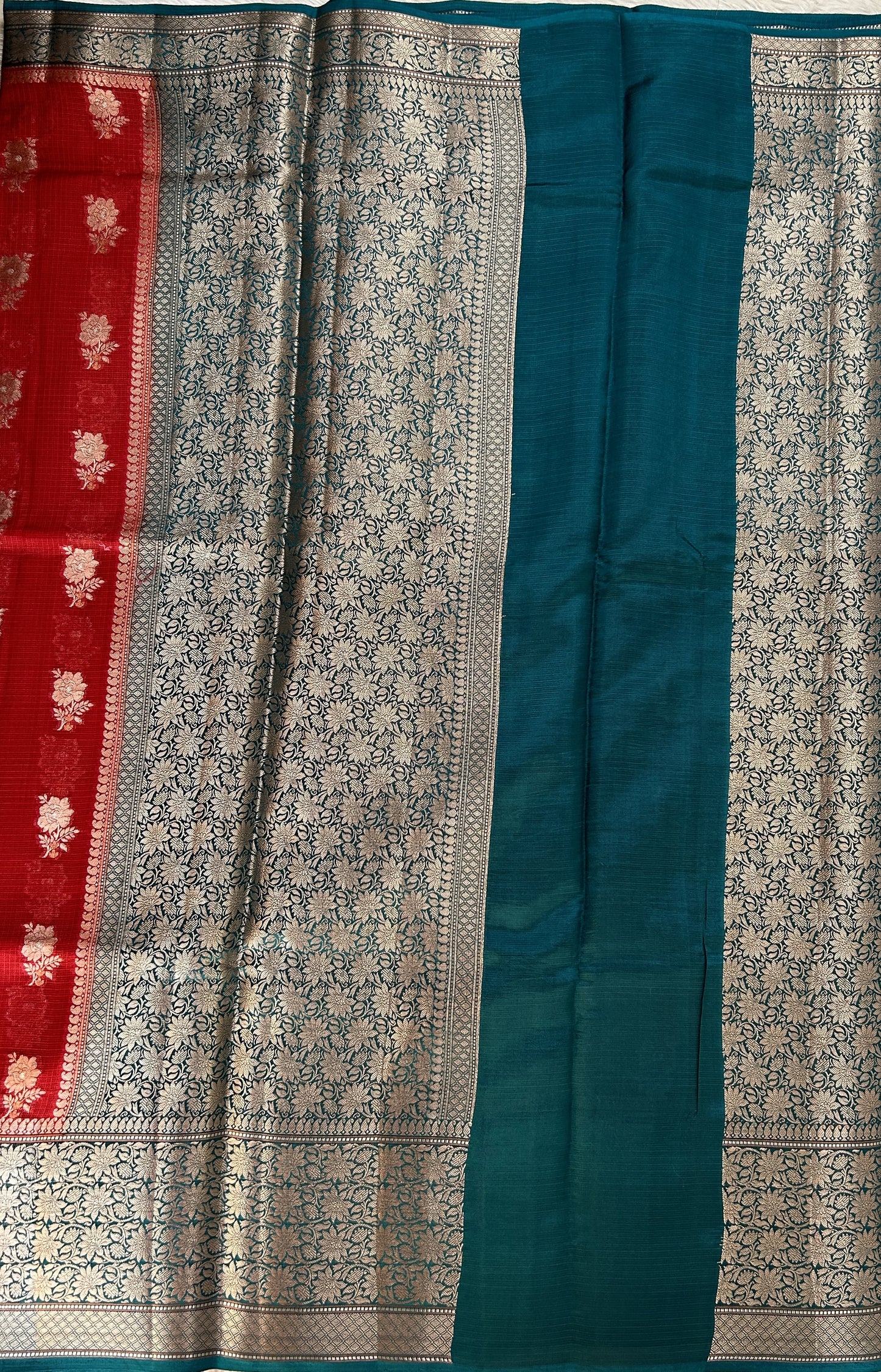 Silk kota Saree Red color complemented with a Bottle Green Color Zari Weaving Border. - Sampradaya Designer Studio