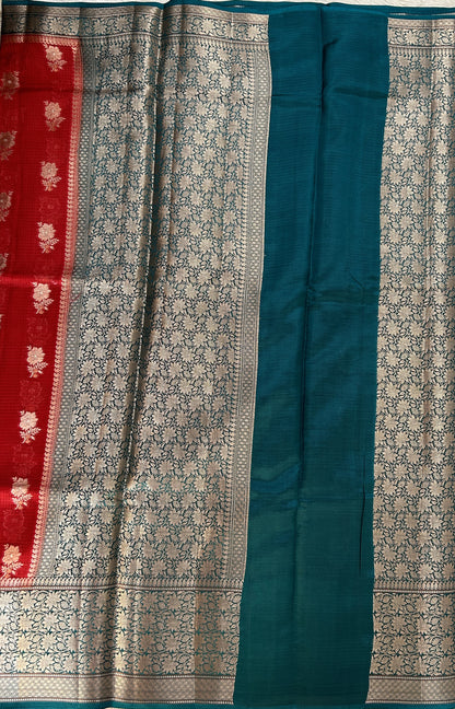 Silk kota Saree Red color complemented with a Bottle Green Color Zari Weaving Border. - Sampradaya Designer Studio
