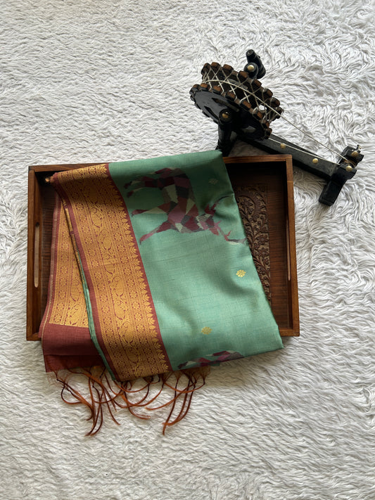 Semi Tussar Saree Lux Green Colored Complemented with a Brick Colored Zari Border. - Sampradaya Designer Studio
