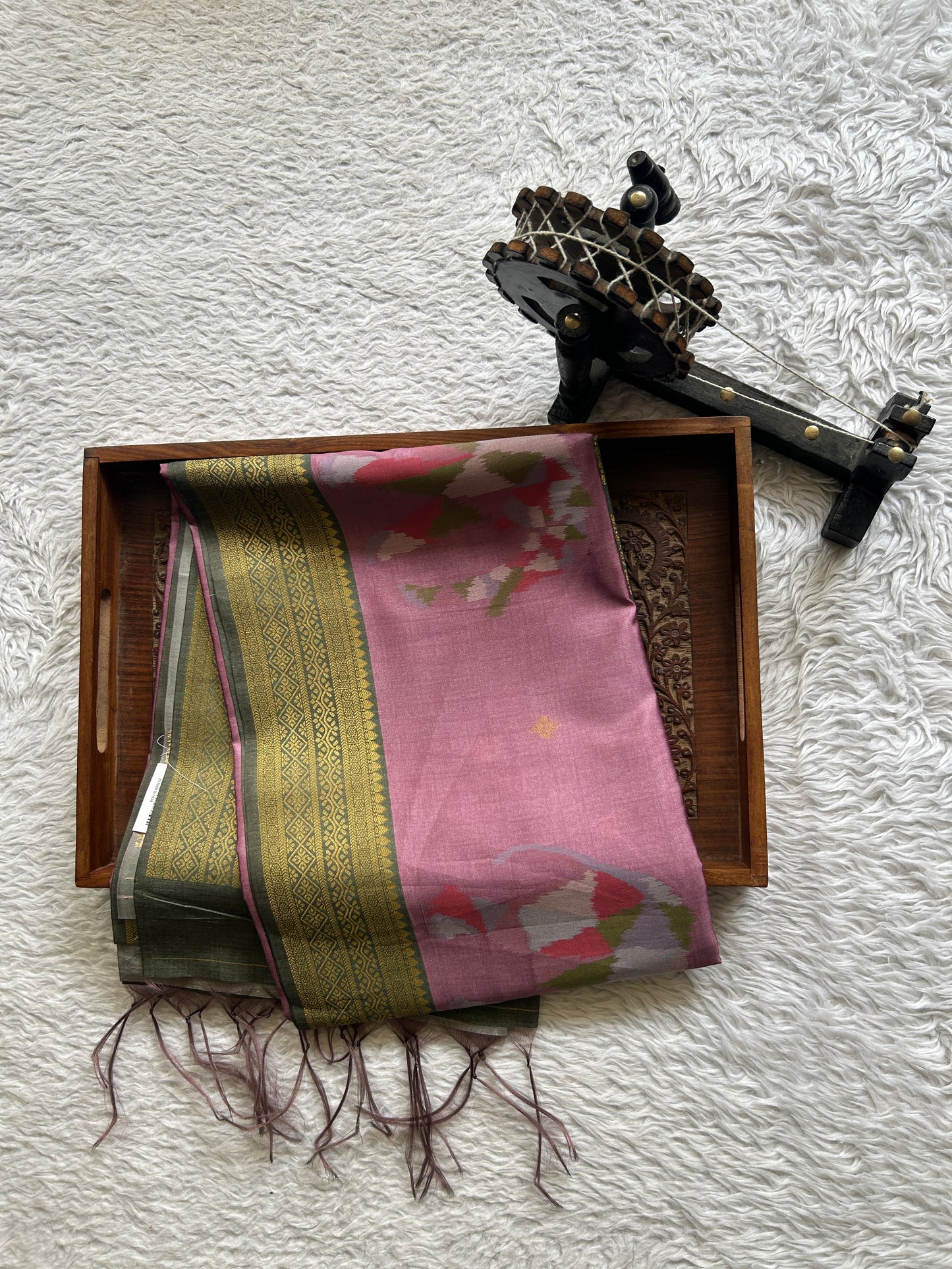Semi Tussar Saree French Lilac Colored Complemented with a Olive Green Zari Border. - Sampradaya Designer Studio