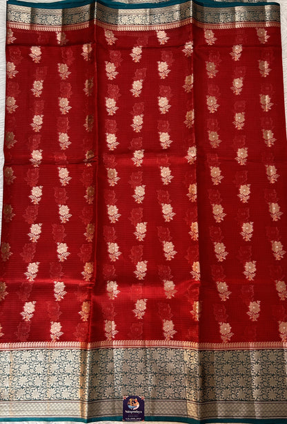 Silk kota Saree Red color complemented with a Bottle Green Color Zari Weaving Border. - Sampradaya Designer Studio