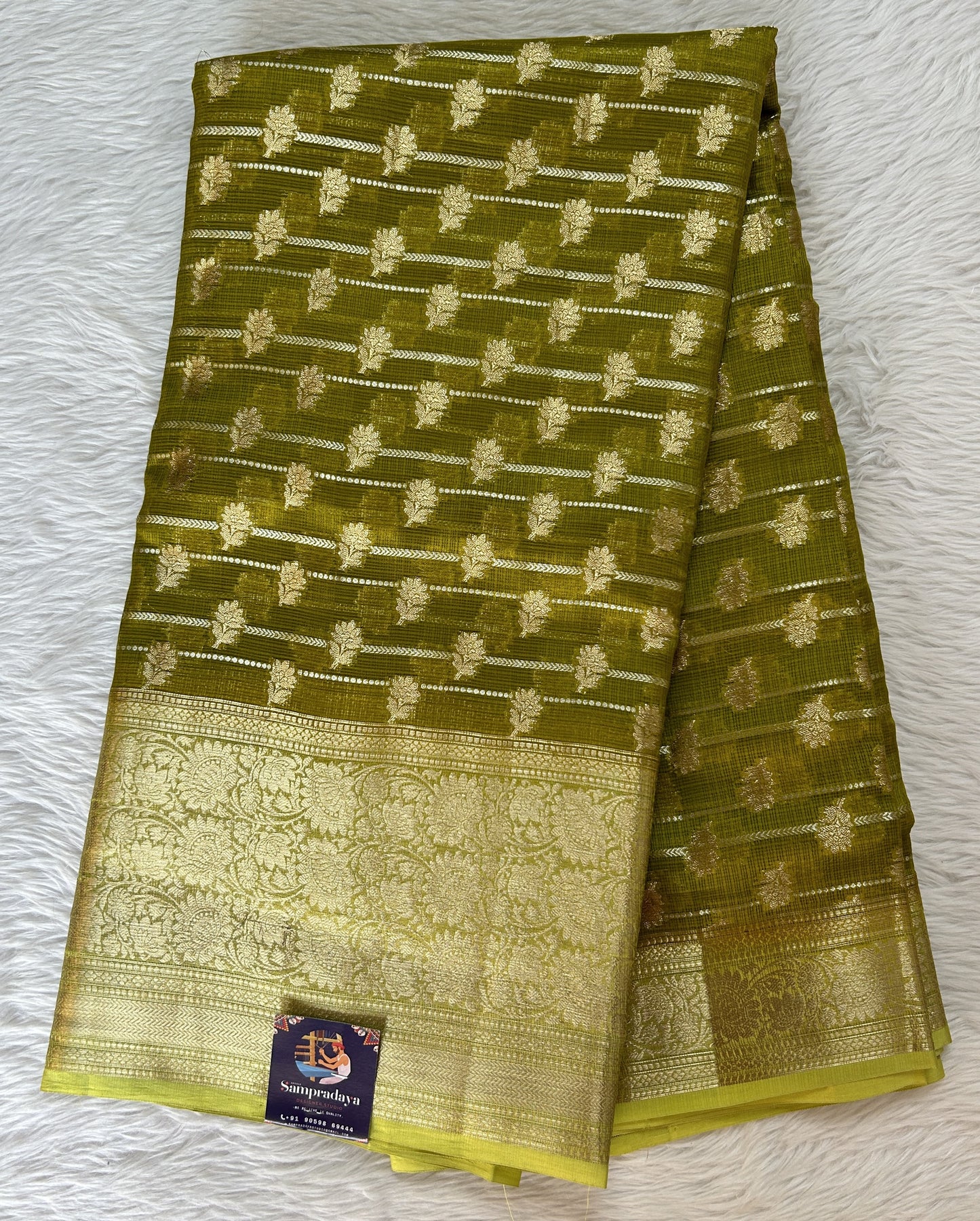 Silk kota Saree Mustard Green color complemented with a Light Green Color Zari Weaving Border. - Sampradaya Designer Studio