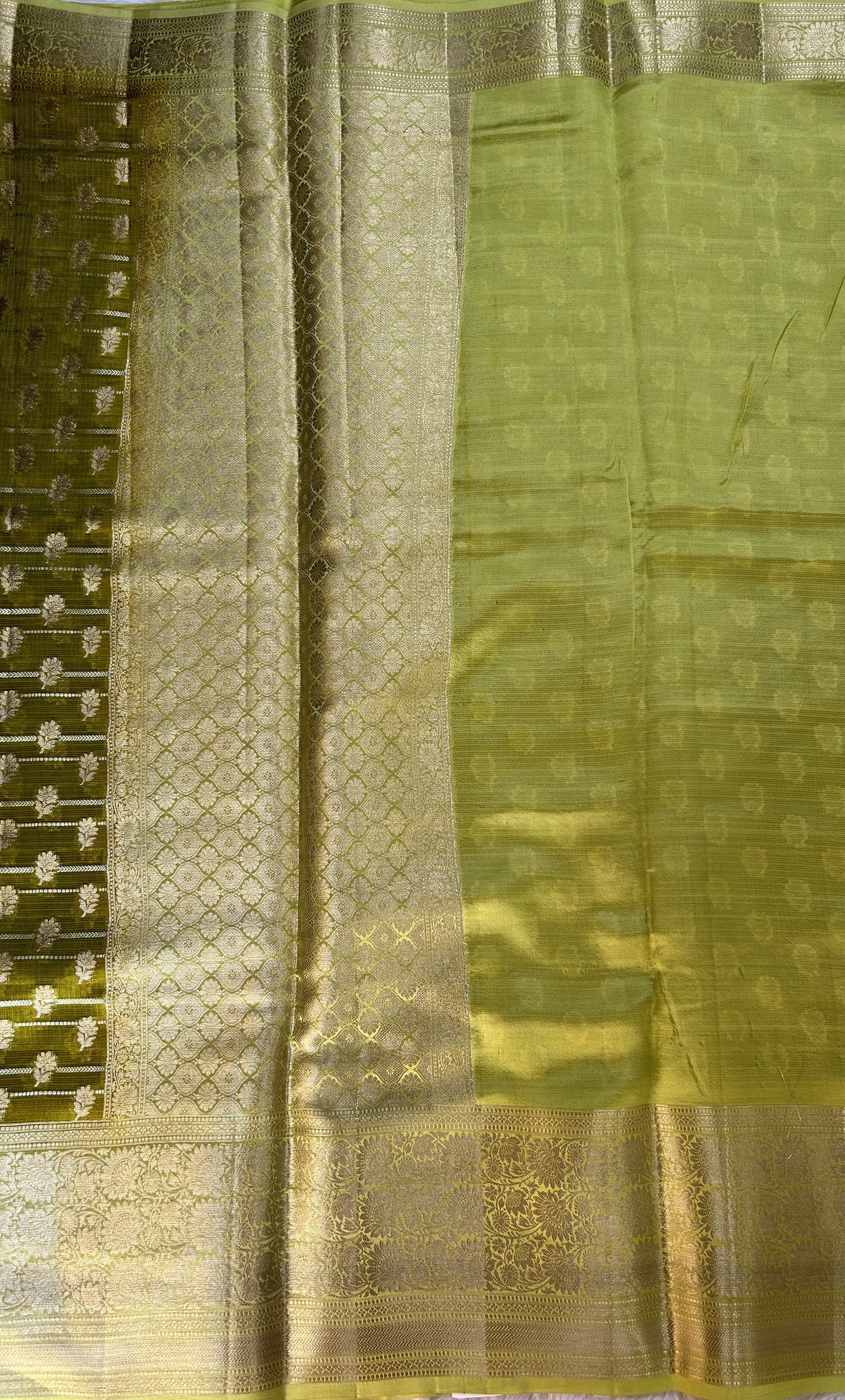 Silk kota Saree Mustard Green color complemented with a Light Green Color Zari Weaving Border. - Sampradaya Designer Studio