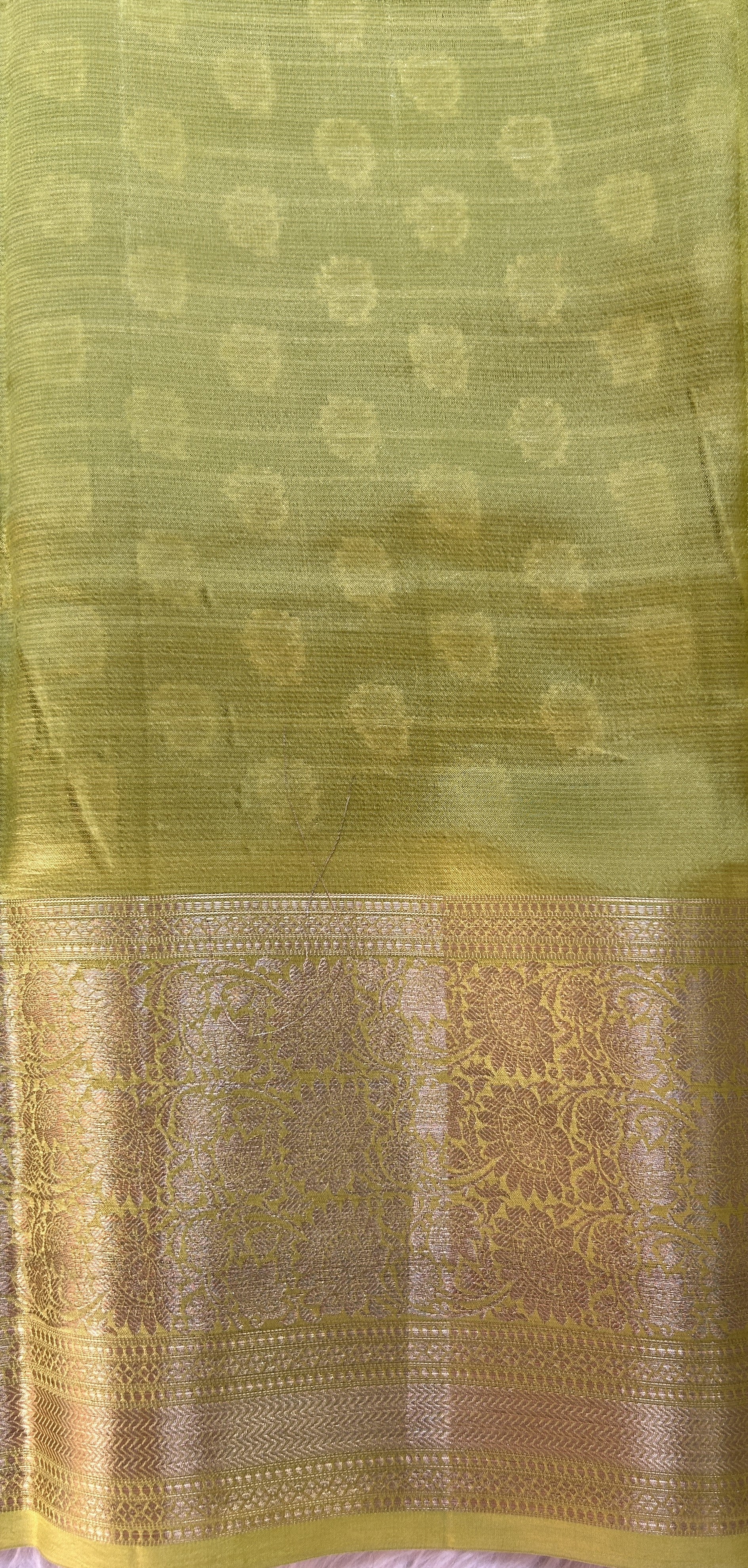 Silk kota Saree Mustard Green color complemented with a Light Green Color Zari Weaving Border. - Sampradaya Designer Studio