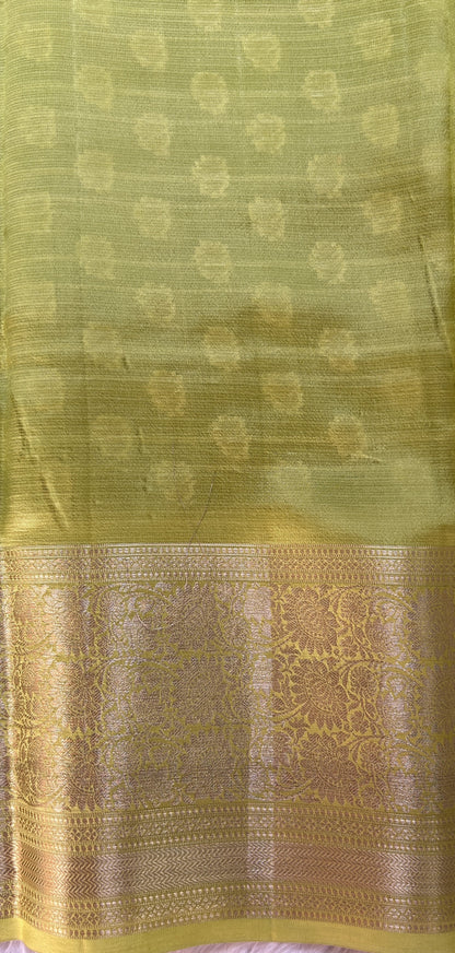 Silk kota Saree Mustard Green color complemented with a Light Green Color Zari Weaving Border. - Sampradaya Designer Studio