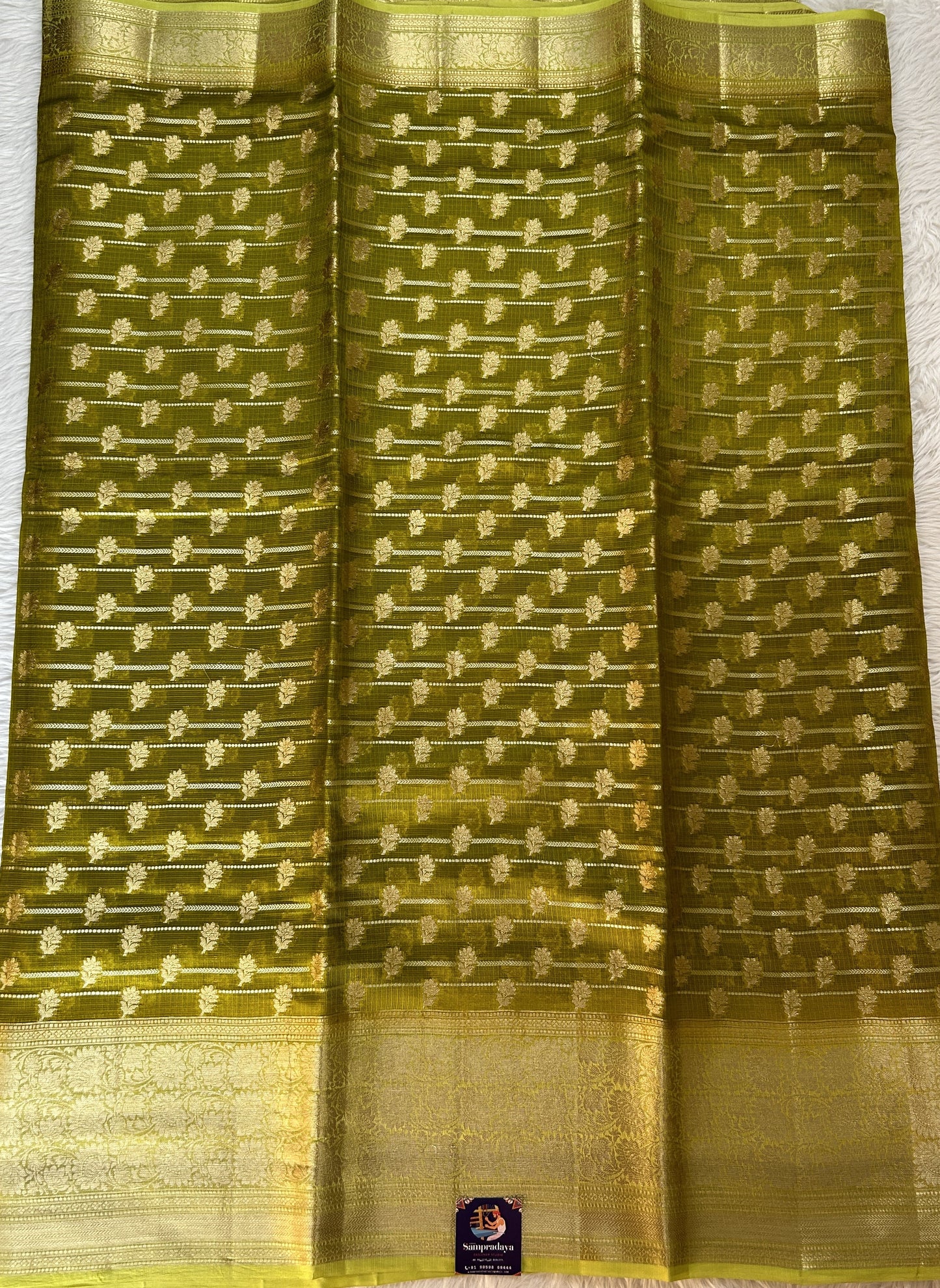Silk kota Saree Mustard Green color complemented with a Light Green Color Zari Weaving Border. - Sampradaya Designer Studio