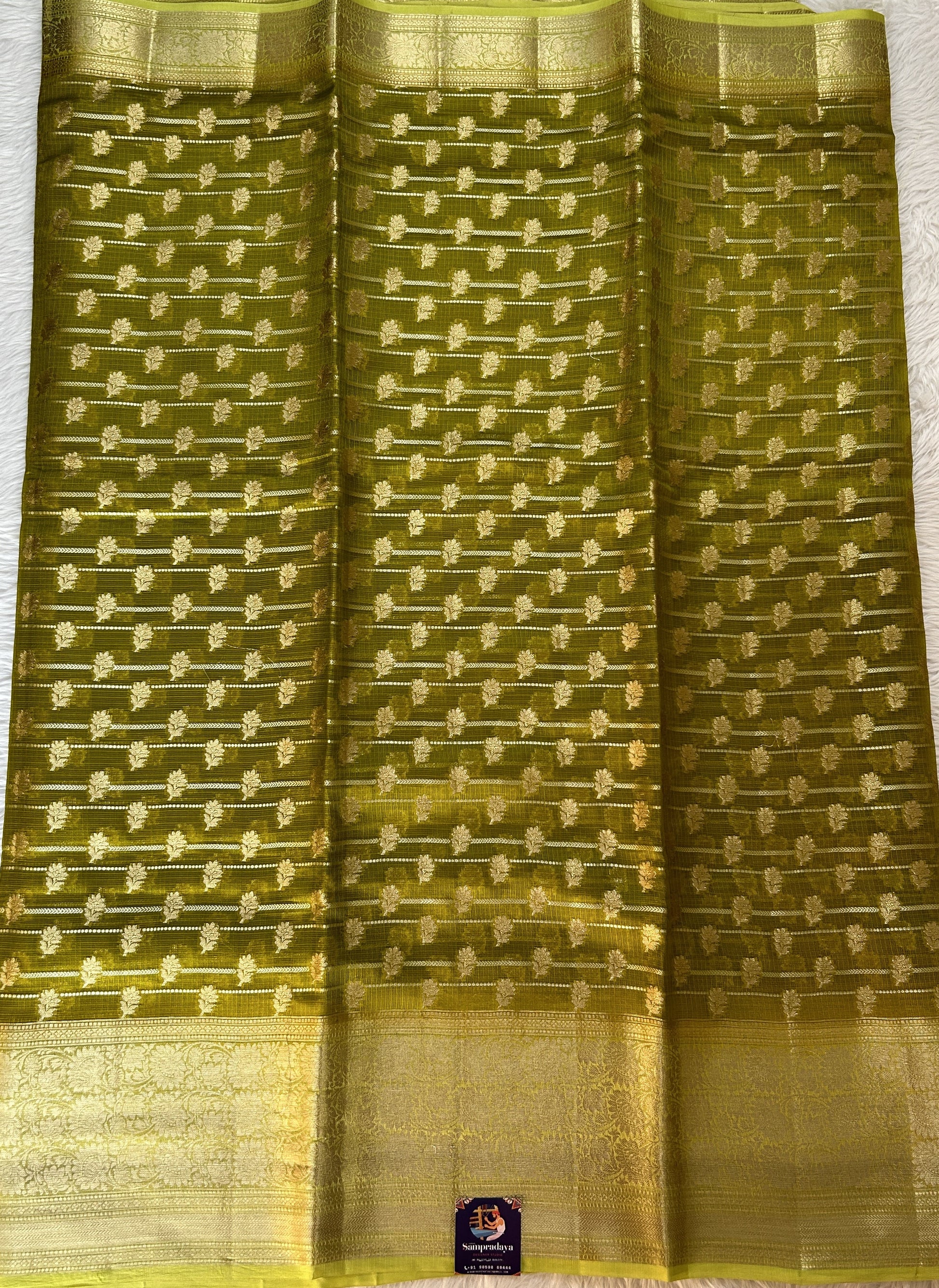 Silk kota Saree Mustard Green color complemented with a Light Green Color Zari Weaving Border. - Sampradaya Designer Studio