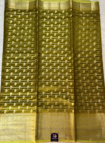 Silk kota Saree Mustard Green color complemented with a Light Green Color Zari Weaving Border. - Sampradaya Designer Studio