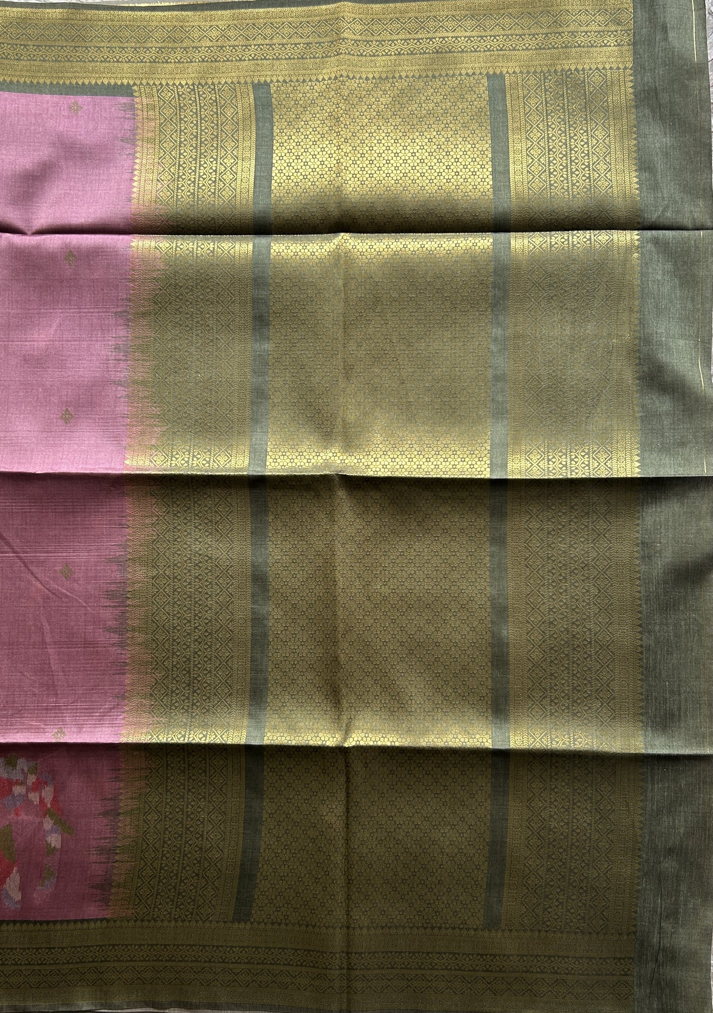 Semi Tussar Saree French Lilac Colored Complemented with a Olive Green Zari Border. - Sampradaya Designer Studio