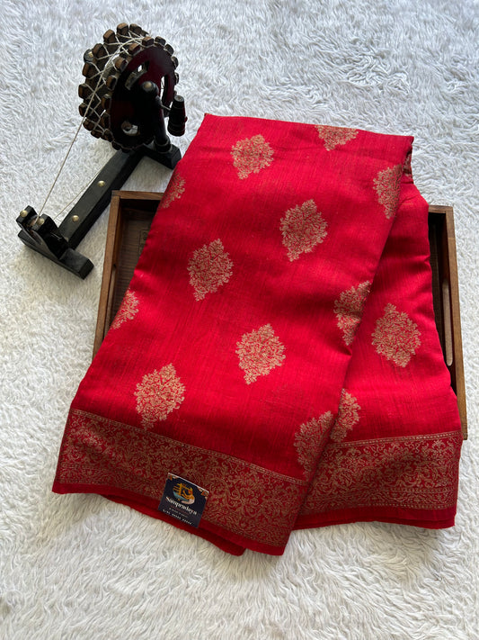 Red Banarasi Raw Silk Saree with Gold Zari Border — Pure Handloom | Silk Mark Certified