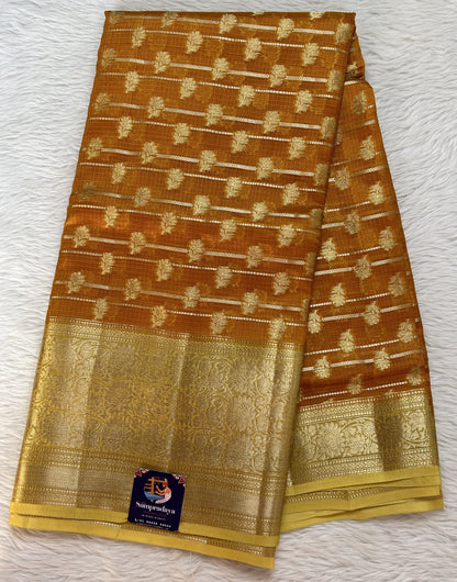 Silk kota Saree Orange color complemented with a Light Yellow Color Zari Weaving Border. - Sampradaya Designer Studio