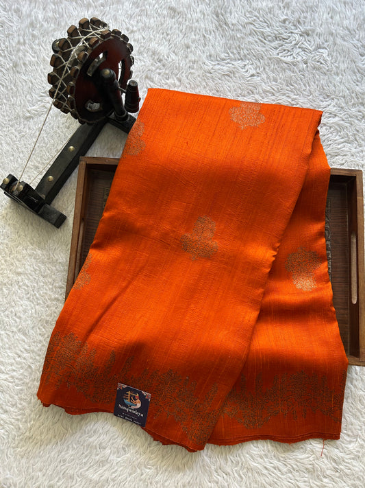 Orange Banarasi Raw Silk Saree with Gold Zari Border — Pure Handloom | Silk Mark Certified
