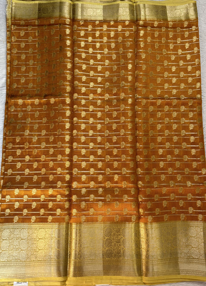 Silk kota Saree Orange color complemented with a Light Yellow Color Zari Weaving Border. - Sampradaya Designer Studio