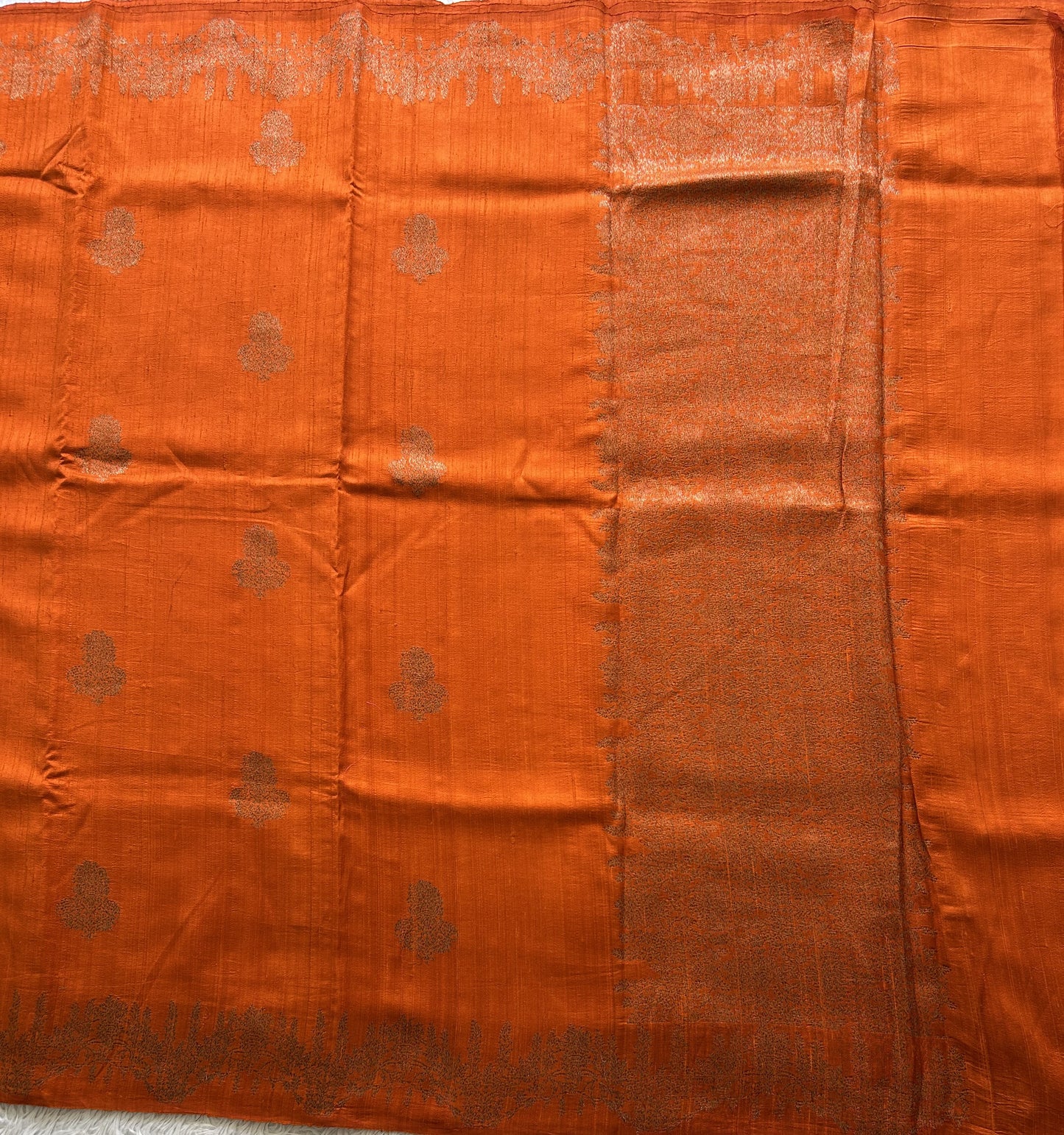 Orange Banarasi Raw Silk Saree with Gold Zari Border — Pure Handloom | Silk Mark Certified