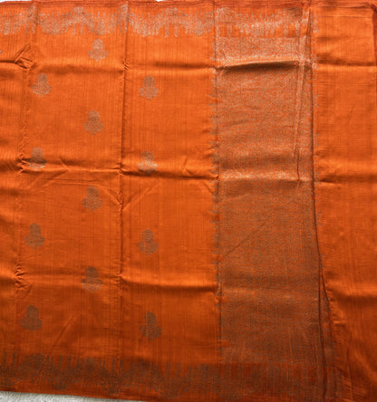 Orange Banarasi Raw Silk Saree with Gold Zari Border — Pure Handloom | Silk Mark Certified