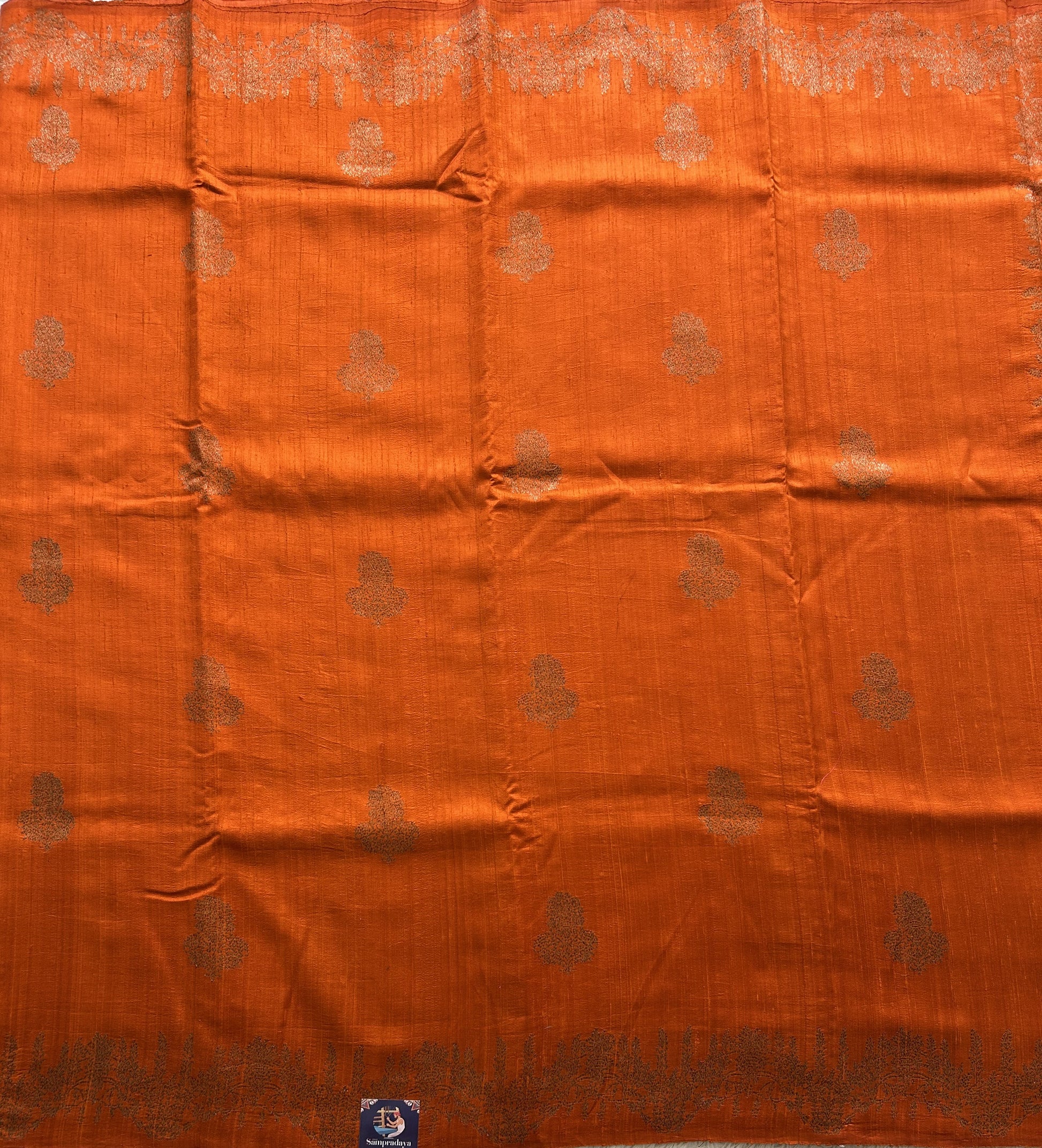 Orange Banarasi Raw Silk Saree with Gold Zari Border — Pure Handloom | Silk Mark Certified - Sampradaya Designer Studio