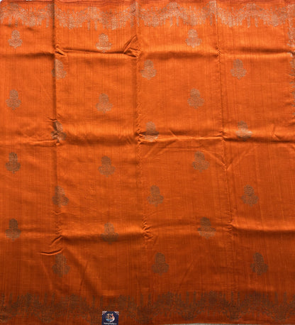 Orange Banarasi Raw Silk Saree with Gold Zari Border — Pure Handloom | Silk Mark Certified