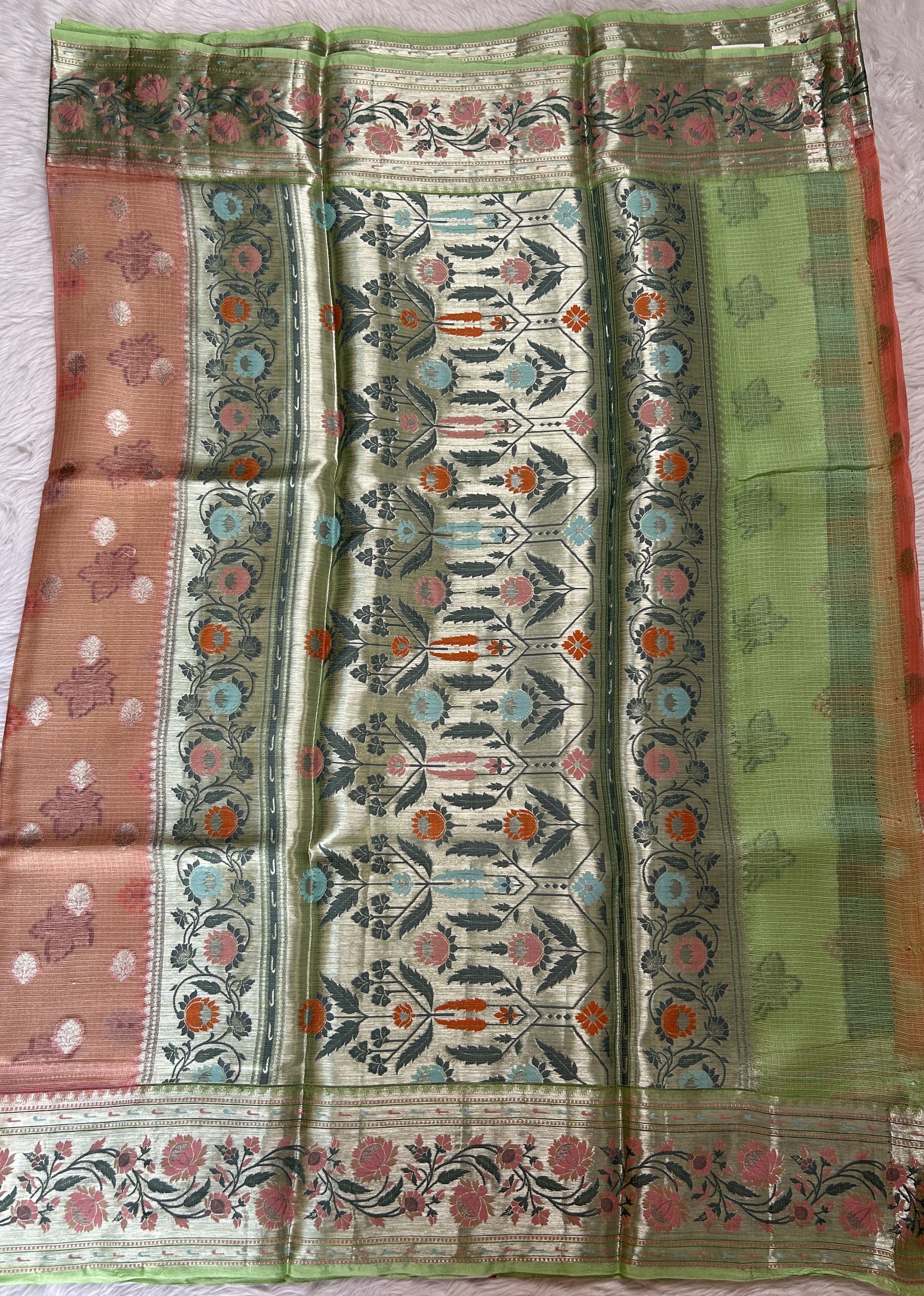 Silk kota Saree Light Pink color complemented with a Light Green Color Zari Weaving Border. - Sampradaya Designer Studio