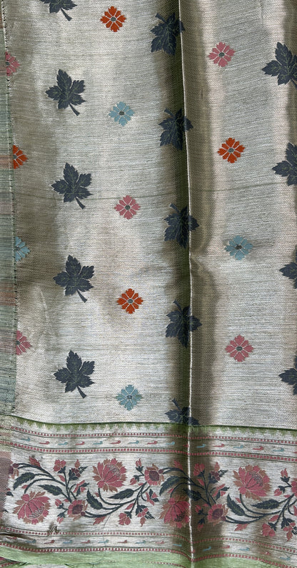 Silk kota Saree Light Pink color complemented with a Light Green Color Zari Weaving Border. - Sampradaya Designer Studio