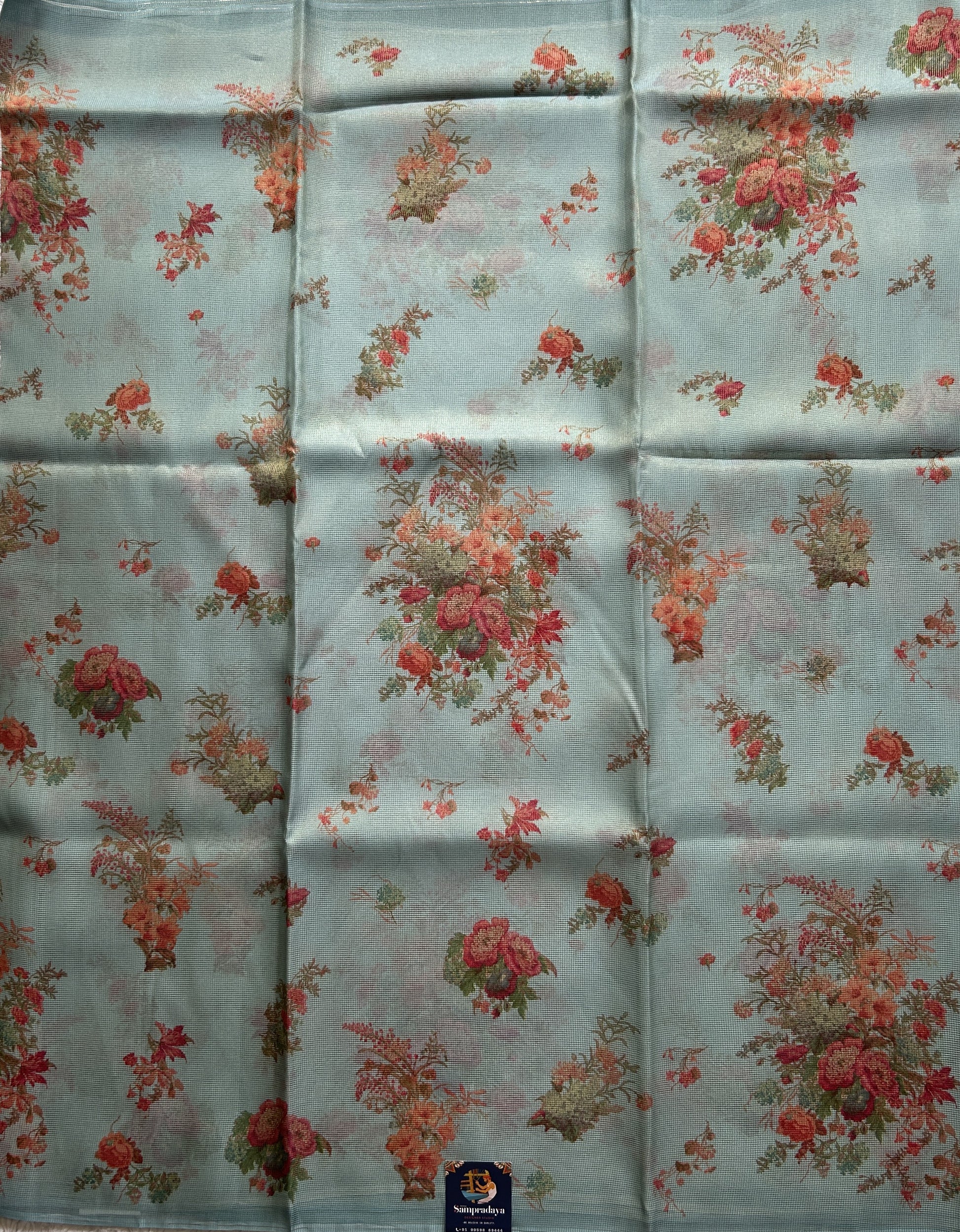 Banarasi Fancy Kota Sky Blue Colored Borderless Saree Complemented With Digital Print. - Sampradaya Designer Studio