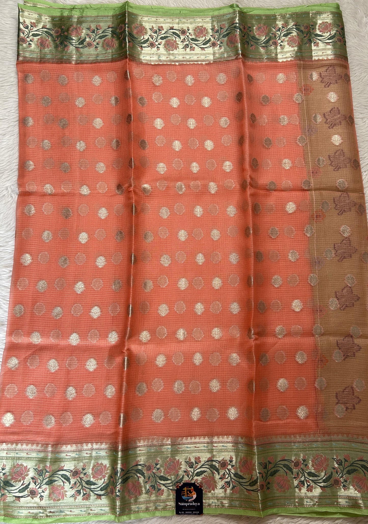 Silk kota Saree Light Pink color complemented with a Light Green Color Zari Weaving Border. - Sampradaya Designer Studio
