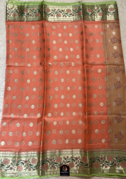 Silk kota Saree Light Pink color complemented with a Light Green Color Zari Weaving Border. - Sampradaya Designer Studio