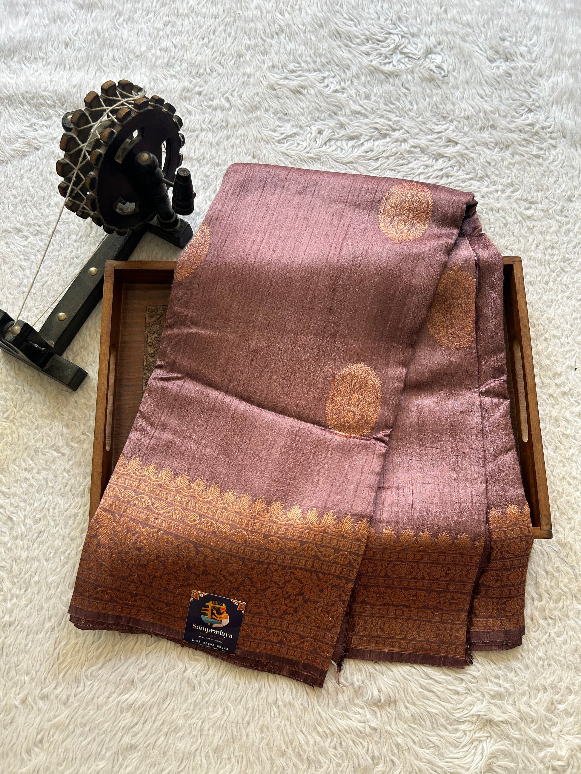 Lavender Banarasi Raw Silk Saree with Gold Zari Border — Pure Handloom | Silk Mark Certified - Sampradaya Designer Studio