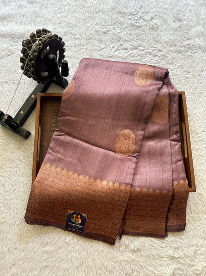 Lavender Banarasi Raw Silk Saree with Gold Zari Border — Pure Handloom | Silk Mark Certified
