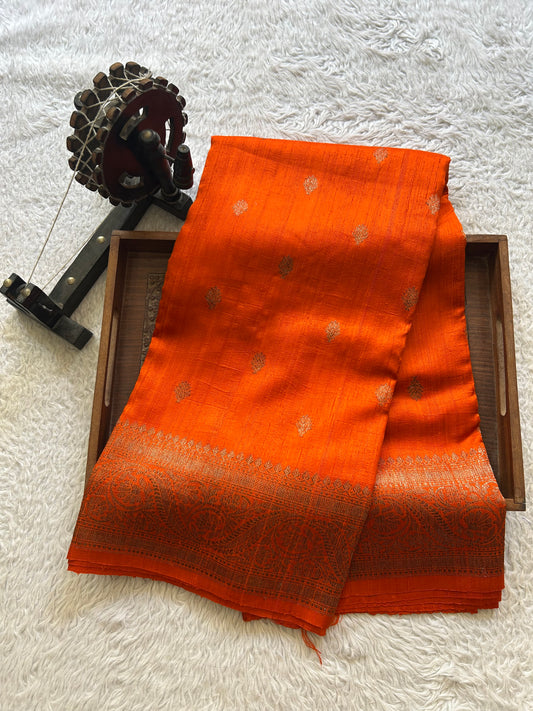 Orange Banarasi Raw Silk Saree with Gold Zari Border — Pure Handloom | Silk Mark Certified