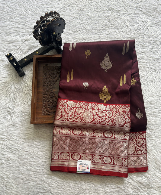 Venkatagiri Pattu Saree Brown Complemented With a Red Color Zari Border. - Sampradaya Designer Studio