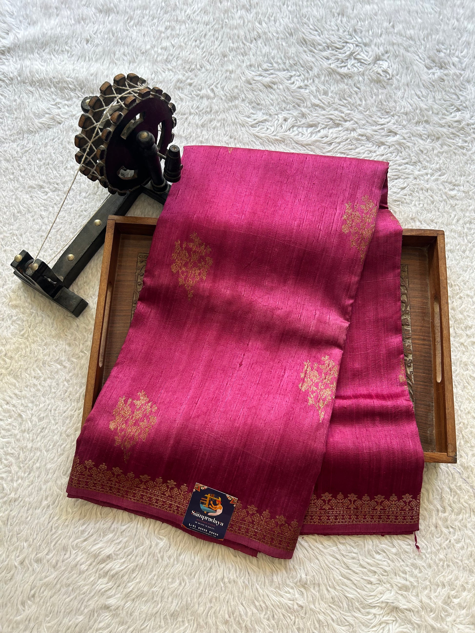 Pink Banarasi Raw Silk Saree with Gold Zari Border — Pure Handloom | Silk Mark Certified - Sampradaya Designer Studio