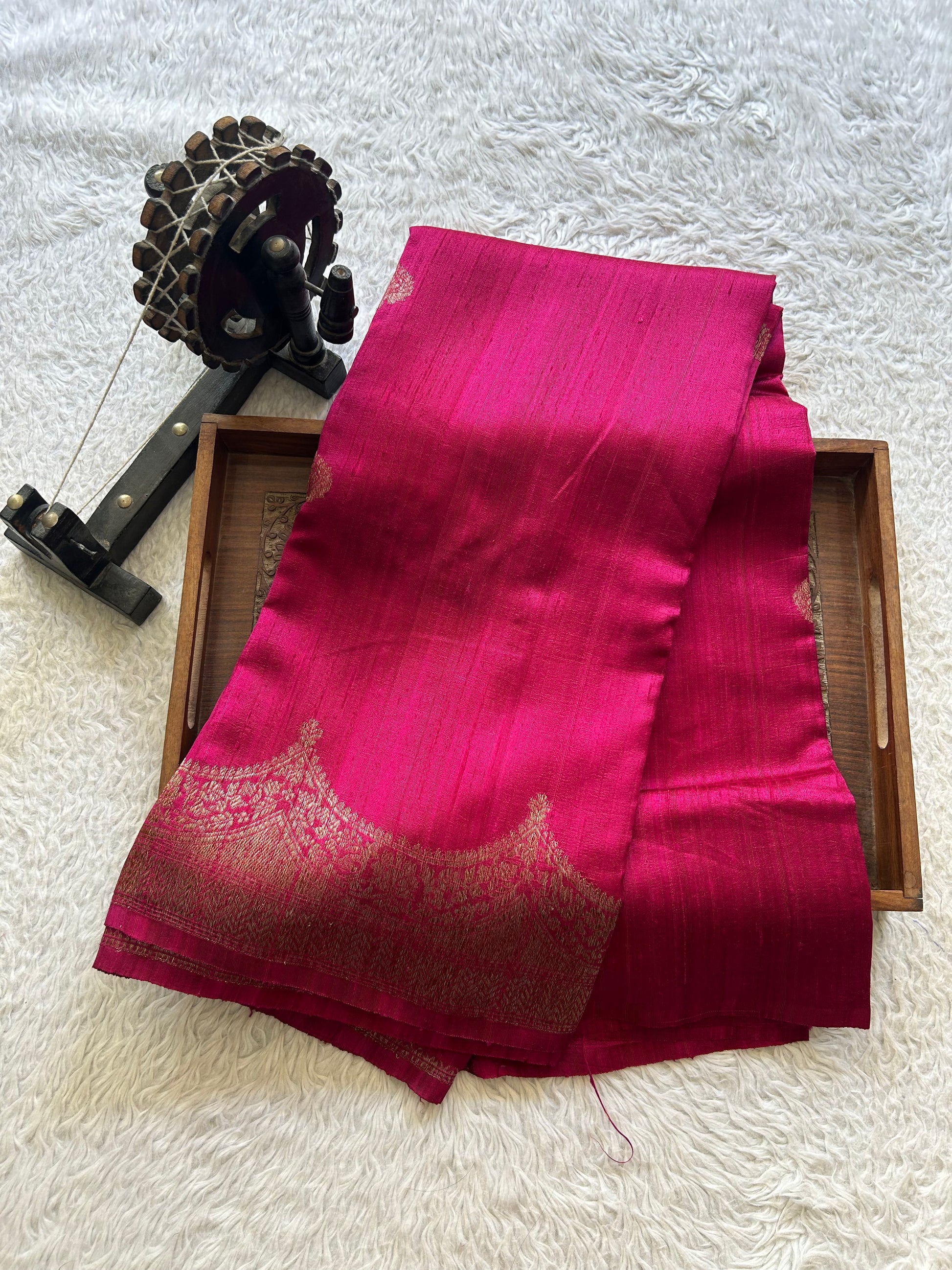 Pink Banarasi Raw Silk Saree with Gold Zari Border — Pure Handloom | Silk Mark Certified - Sampradaya Designer Studio