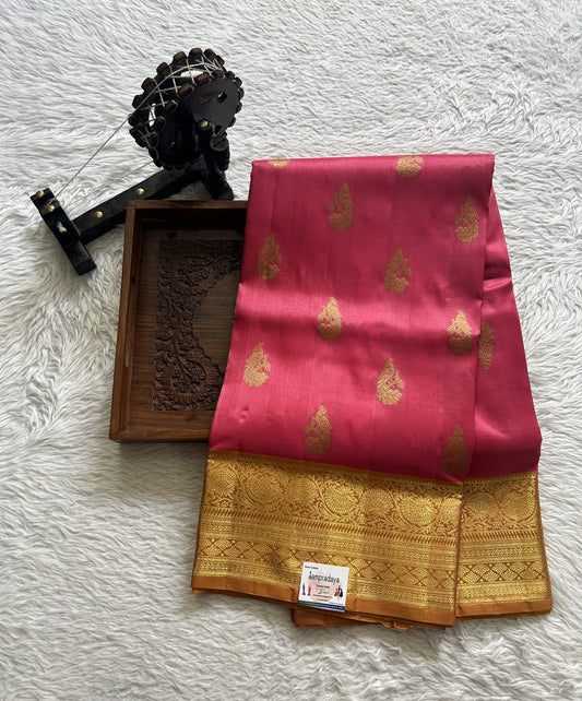 Venkatagiri Pattu Saree Pink Complemented With a Mustard Color Zari Border. - Sampradaya Designer Studio