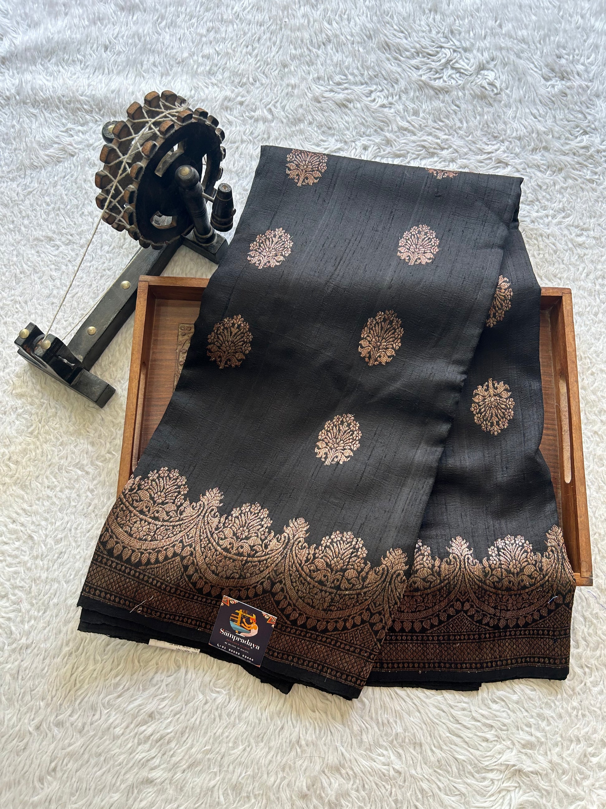 Black Banarasi Raw Silk Saree with Gold Zari Border — Pure Handloom | Silk Mark Certified - Sampradaya Designer Studio